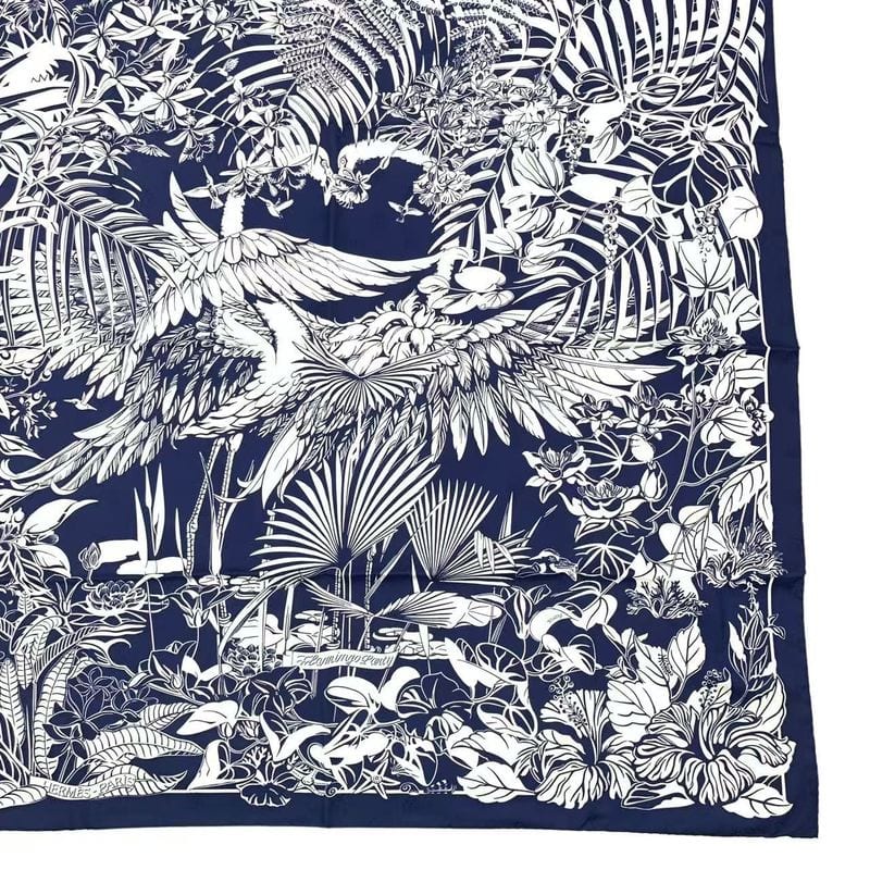 HERMES Carre 90 Scarf Silk Flamingo Party Flamingo Party Bee Pattern White X