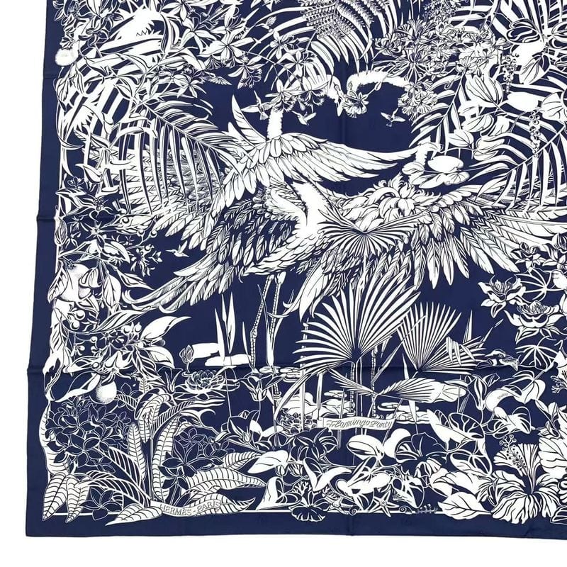 HERMES Carre 90 Scarf Silk Flamingo Party Flamingo Party Bee Pattern White X