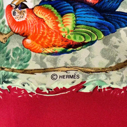 Hermes Scarf Carre 90 Equateur Equatorial Animal Bird All Over Pattern Silk Red