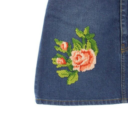 GUCCI Flower Embroidery Denim Skirt Trapezoid Mini 38 Blue 456973 KH
