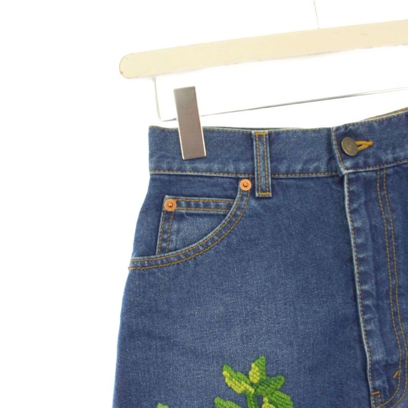 GUCCI Flower Embroidery Denim Skirt Trapezoid Mini 38 Blue 456973 KH