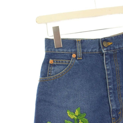 GUCCI Flower Embroidery Denim Skirt Trapezoid Mini 38 Blue 456973 KH