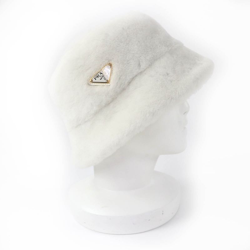 PRADA 1hc137 Triangle Logo Sheepskin Fur Shearling Bucket Hat White M Storage