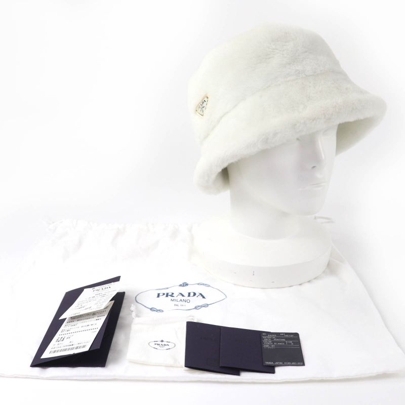 PRADA 1hc137 Triangle Logo Sheepskin Fur Shearling Bucket Hat White M Storage