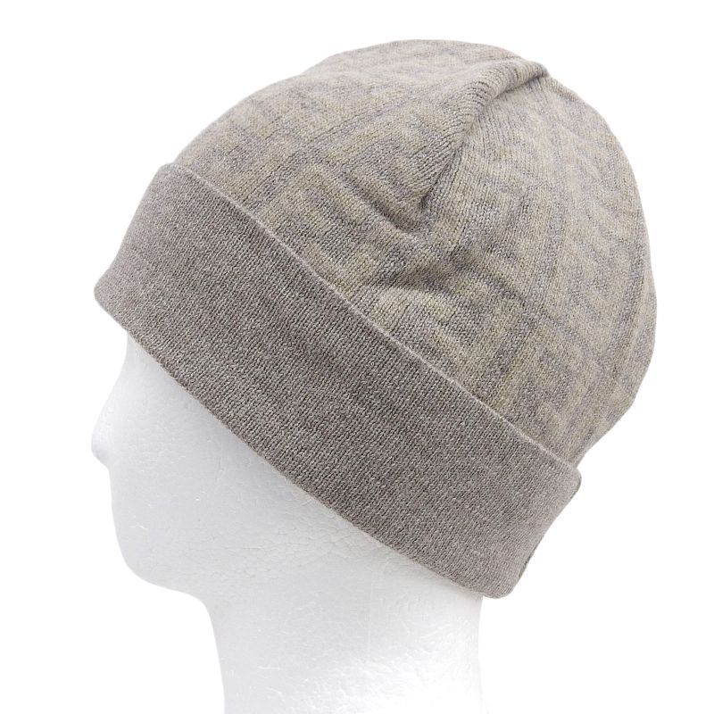 FENDI Wool Cashmere Blend Zucca Pattern Beanie Knit Cap Brown Beige TU Made In