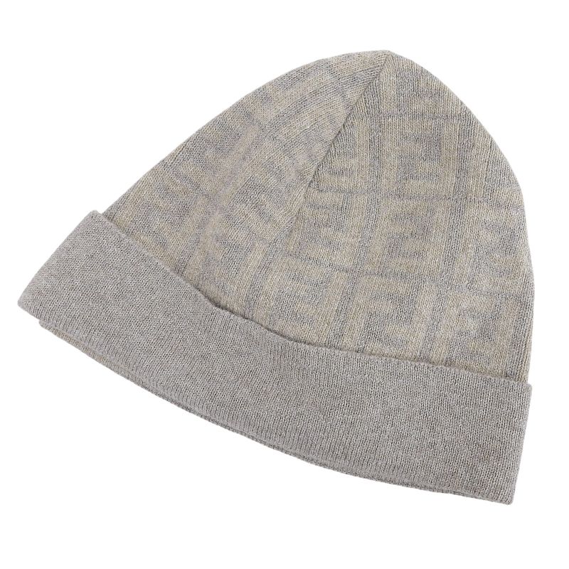 FENDI Wool Cashmere Blend Zucca Pattern Beanie Knit Cap Brown Beige TU Made In