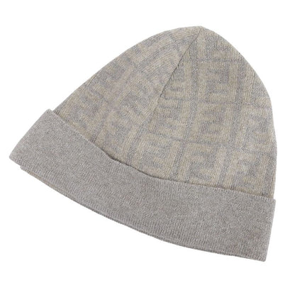 FENDI Wool Cashmere Blend Zucca Pattern Beanie Knit Cap Brown Beige TU Made In