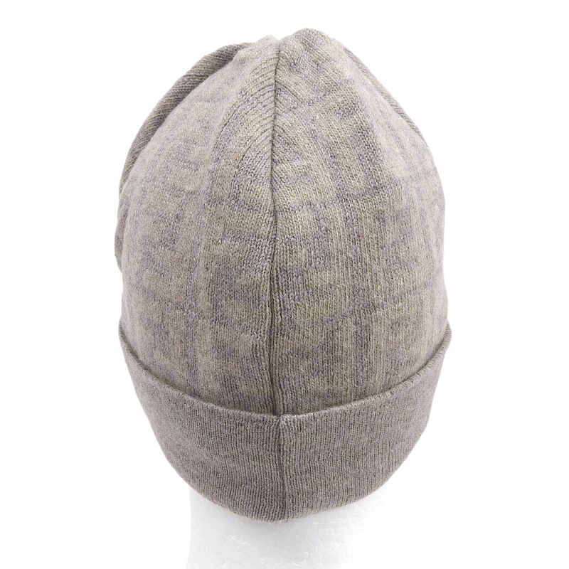 FENDI Wool Cashmere Blend Zucca Pattern Beanie Knit Cap Brown Beige TU Made In