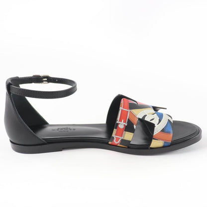 HERMES Santorini Ankle Strap Leather Sandals Black Multicolor - 35 Boxes