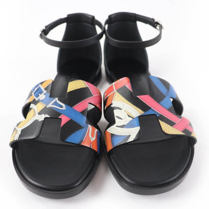 HERMES Santorini Ankle Strap Leather Sandals Black Multicolor - 35 Boxes