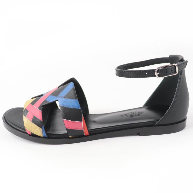 HERMES Santorini Ankle Strap Leather Sandals Black Multicolor - 35 Boxes