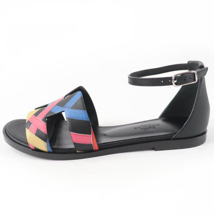 HERMES Santorini Ankle Strap Leather Sandals Black Multicolor - 35 Boxes