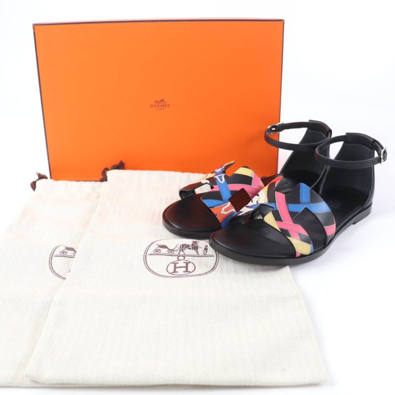 HERMES Santorini Ankle Strap Leather Sandals Black Multicolor - 35 Boxes
