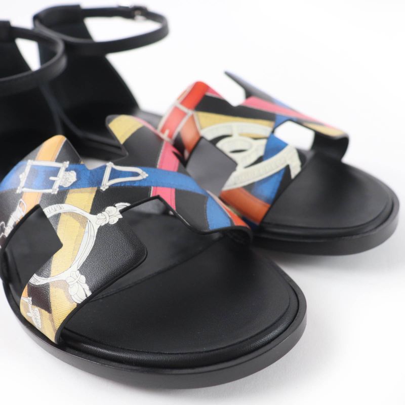 HERMES Santorini Ankle Strap Leather Sandals Black Multicolor - 35 Boxes