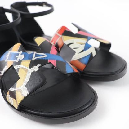 HERMES Santorini Ankle Strap Leather Sandals Black Multicolor - 35 Boxes