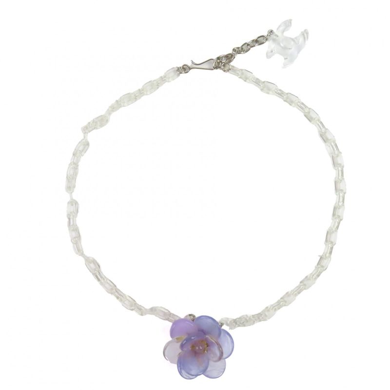 CHANEL Vintage 01P Camellia Coco Mark Clear Chain Necklace Pendant Purple With