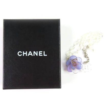 CHANEL Vintage 01P Camellia Coco Mark Clear Chain Necklace Pendant Purple With
