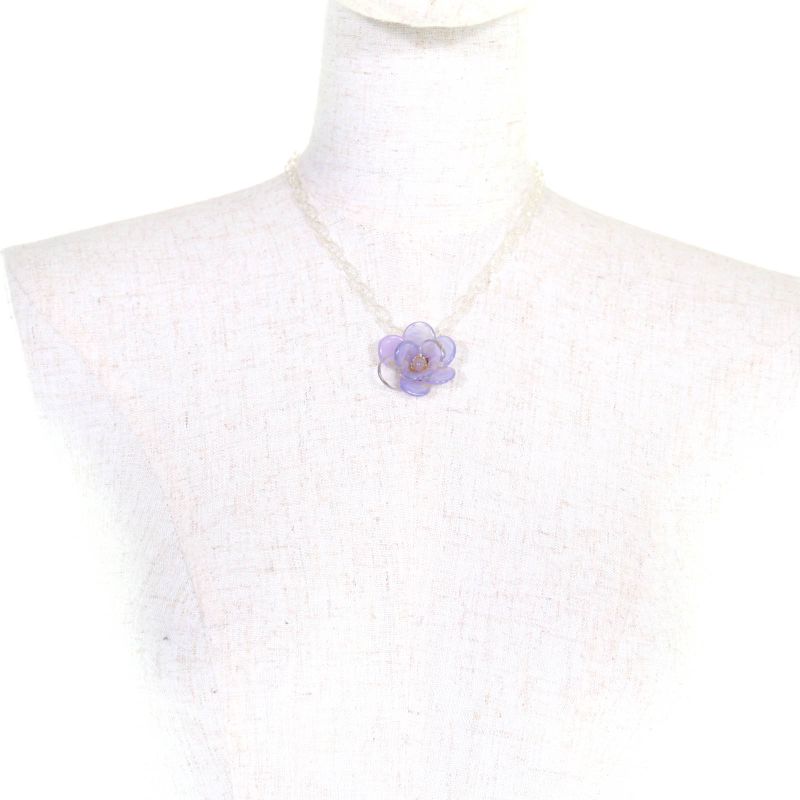 CHANEL Vintage 01P Camellia Coco Mark Clear Chain Necklace Pendant Purple With