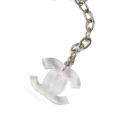CHANEL Vintage 01P Camellia Coco Mark Clear Chain Necklace Pendant Purple With