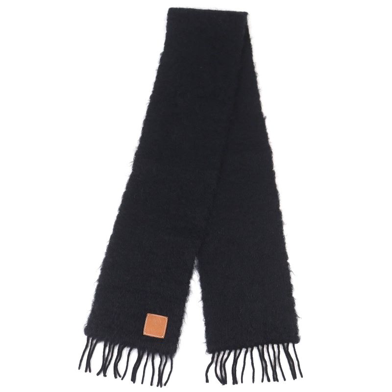 LOEWE Mohair Wool Anagram Logo Patch Fringe Long Muffler - Black Made In Spain