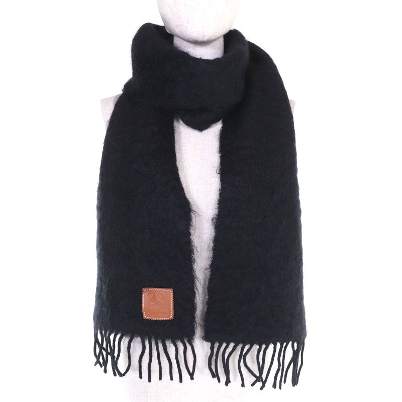 LOEWE Mohair Wool Anagram Logo Patch Fringe Long Muffler - Black Made In Spain