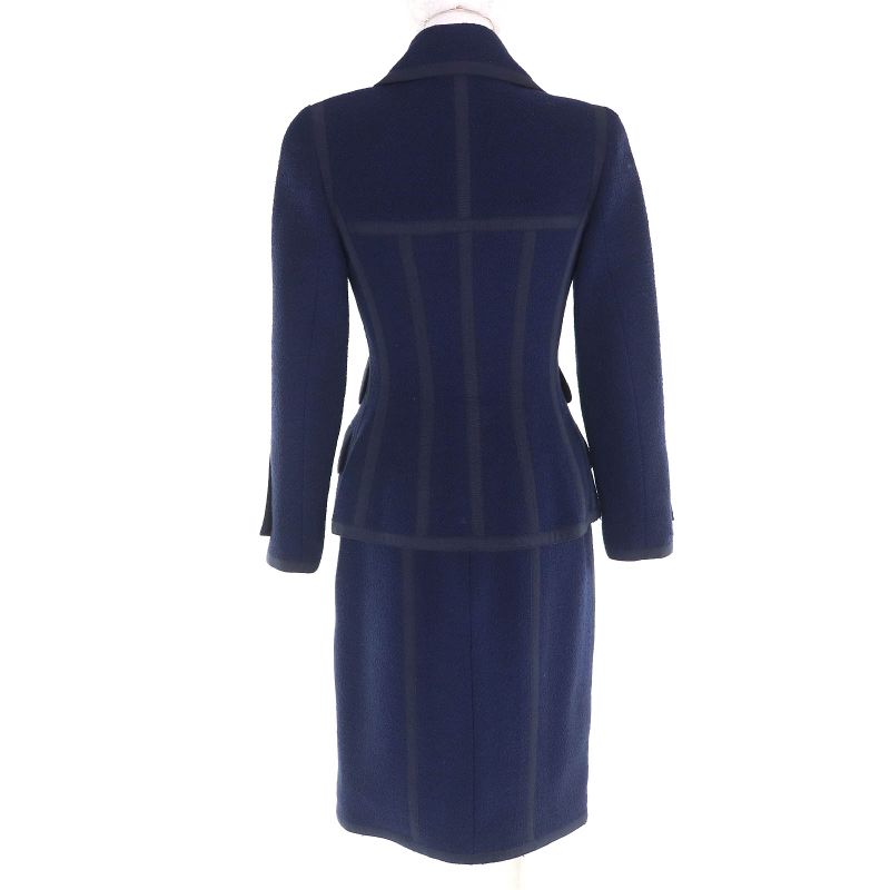 CHANEL Vintage Wool 100% Logo Button Double Jacket Title Skirt Suit Setup Navy