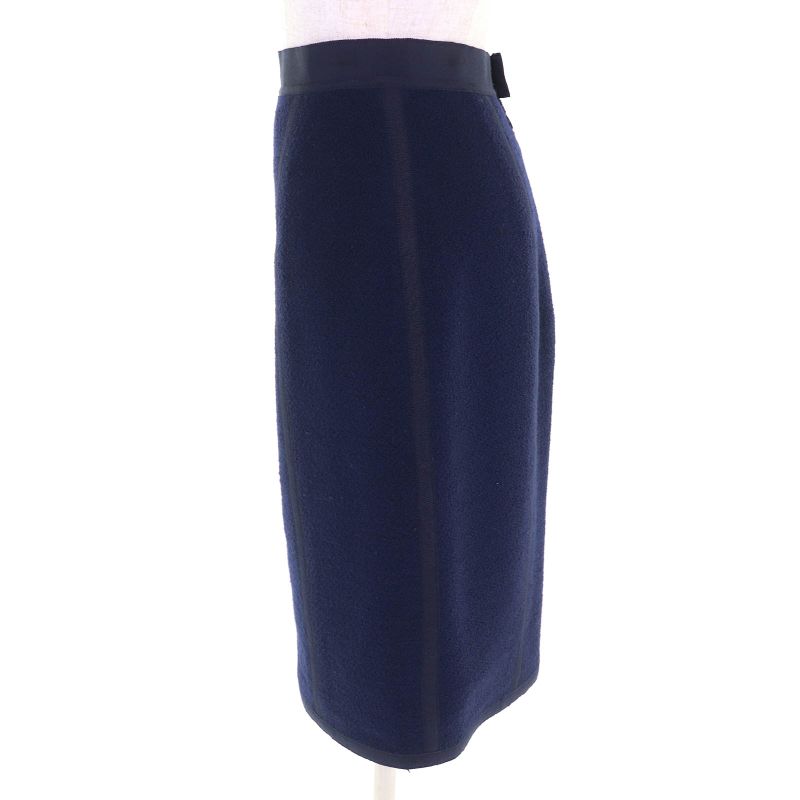 CHANEL Vintage Wool 100% Logo Button Double Jacket Title Skirt Suit Setup Navy
