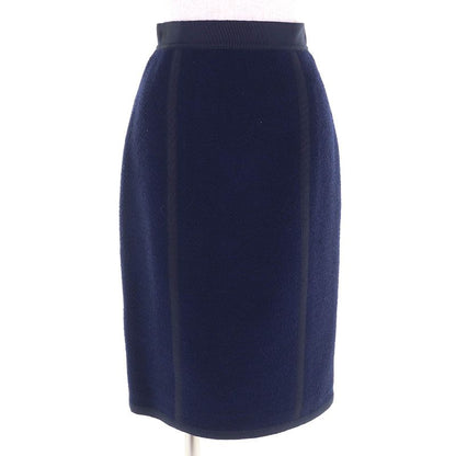 CHANEL Vintage Wool 100% Logo Button Double Jacket Title Skirt Suit Setup Navy