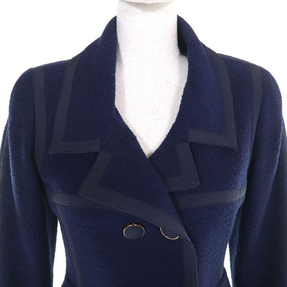 CHANEL Vintage Wool 100% Logo Button Double Jacket Title Skirt Suit Setup Navy