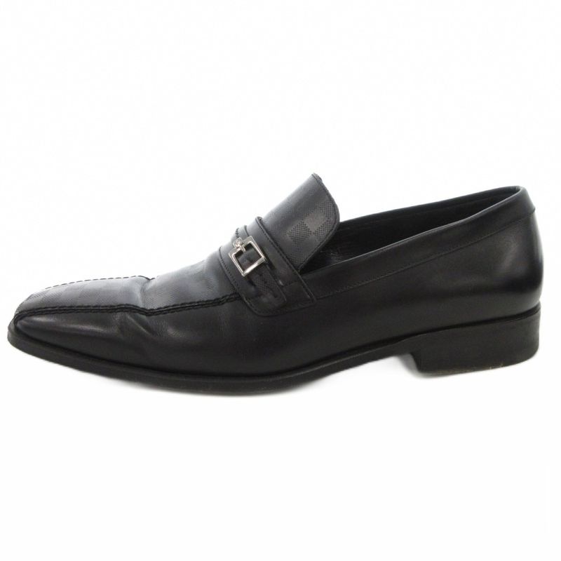 Louis Vuitton St1026 Damier Business Shoes Leather 6 Black Square Toe Strap FF