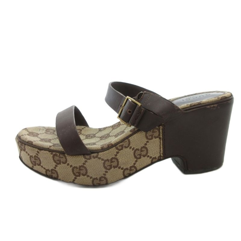 GUCCI Sandals GG Canvas 36 Leather Brown Platform Thick Sole FF • GY18