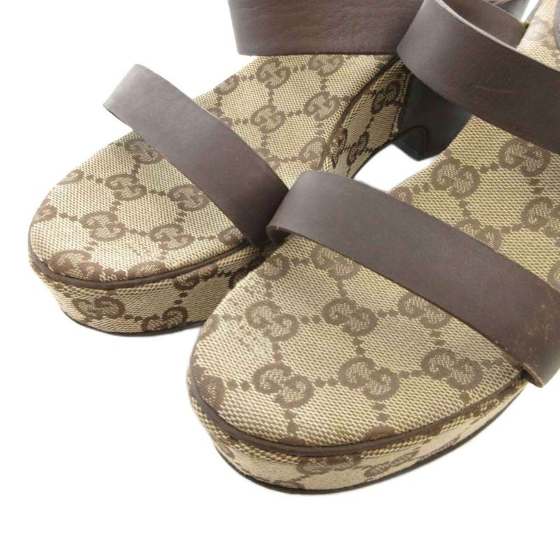 GUCCI Sandals GG Canvas 36 Leather Brown Platform Thick Sole FF • GY18