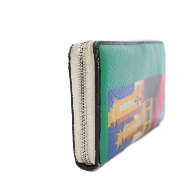 BALENCIAGA Bazaar Paris Round Zipper Long Wallet Leather Green 443655 KH • OH