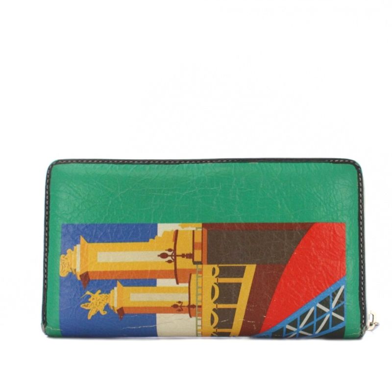 BALENCIAGA Bazaar Paris Round Zipper Long Wallet Leather Green 443655 KH • OH