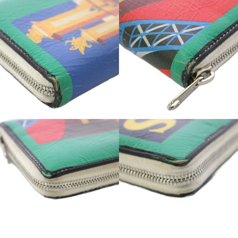 BALENCIAGA Bazaar Paris Round Zipper Long Wallet Leather Green 443655 KH • OH