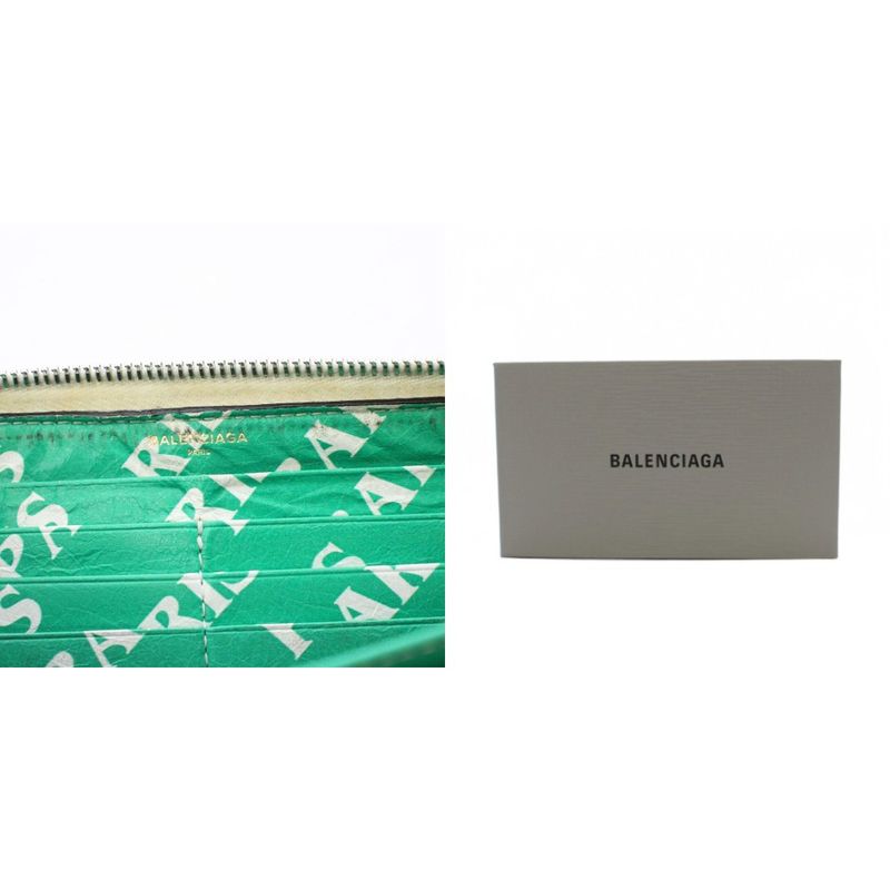 BALENCIAGA Bazaar Paris Round Zipper Long Wallet Leather Green 443655 KH • OH