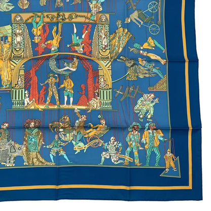 HERMES Carre 90 LE Temps Des Marionnettes Marionette Time Silk Scarf Blue With
