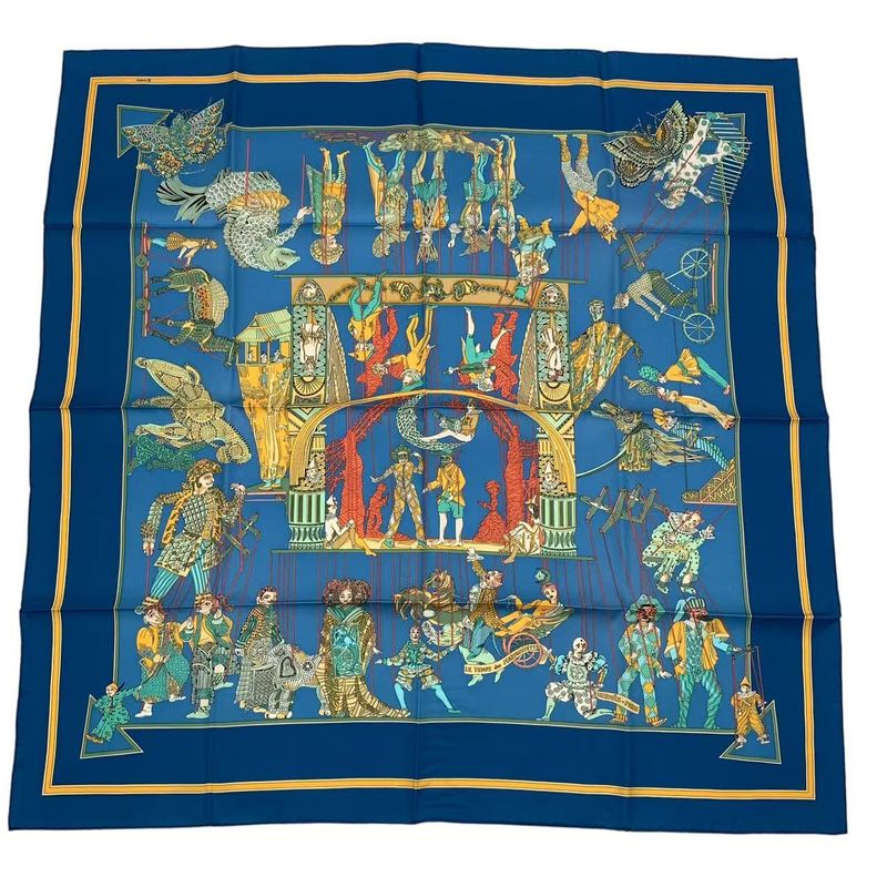 HERMES Carre 90 LE Temps Des Marionnettes Marionette Time Silk Scarf Blue With