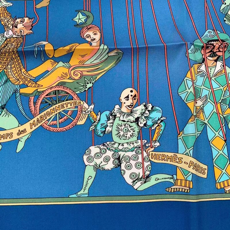 HERMES Carre 90 LE Temps Des Marionnettes Marionette Time Silk Scarf Blue With
