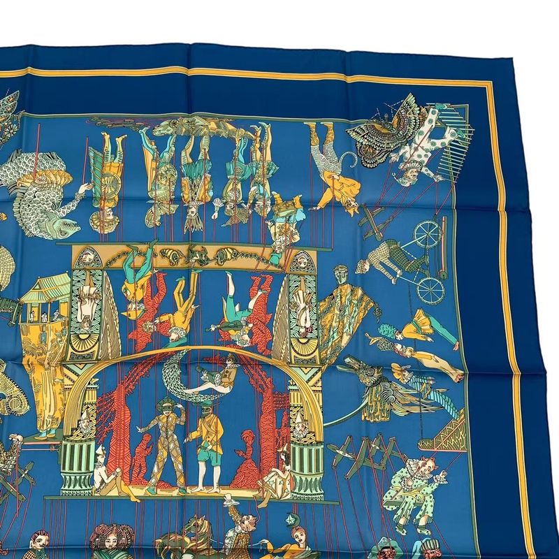 HERMES Carre 90 LE Temps Des Marionnettes Marionette Time Silk Scarf Blue With