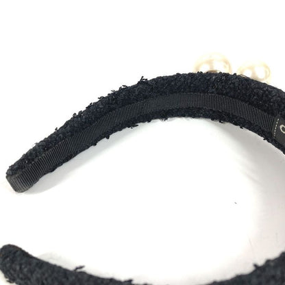 CHANEL Headband CC Logo Coco Mark Fake Pearl Tweed Canvas Black