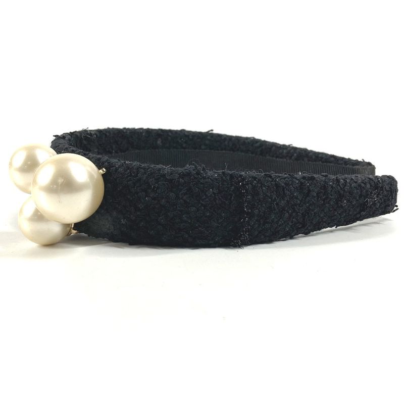CHANEL Headband CC Logo Coco Mark Fake Pearl Tweed Canvas Black