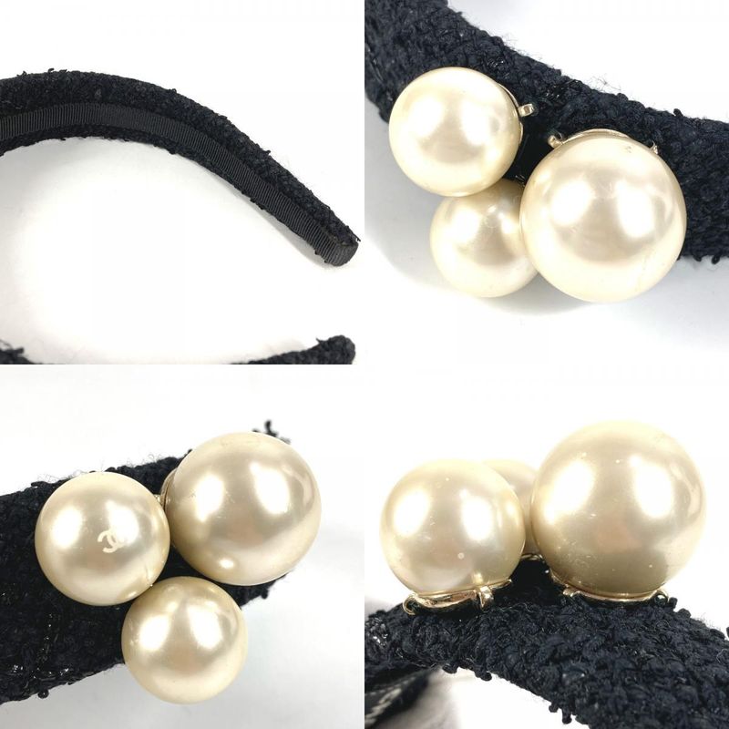 CHANEL Headband CC Logo Coco Mark Fake Pearl Tweed Canvas Black