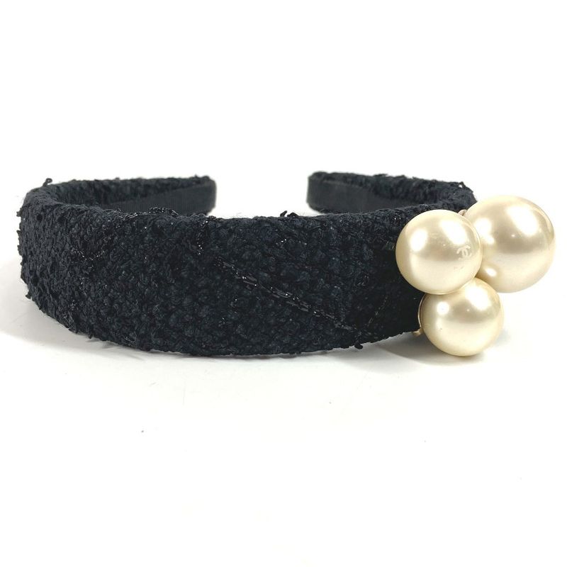 CHANEL Headband CC Logo Coco Mark Fake Pearl Tweed Canvas Black
