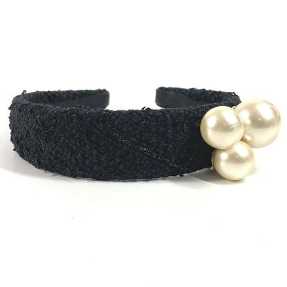 CHANEL Headband CC Logo Coco Mark Fake Pearl Tweed Canvas Black