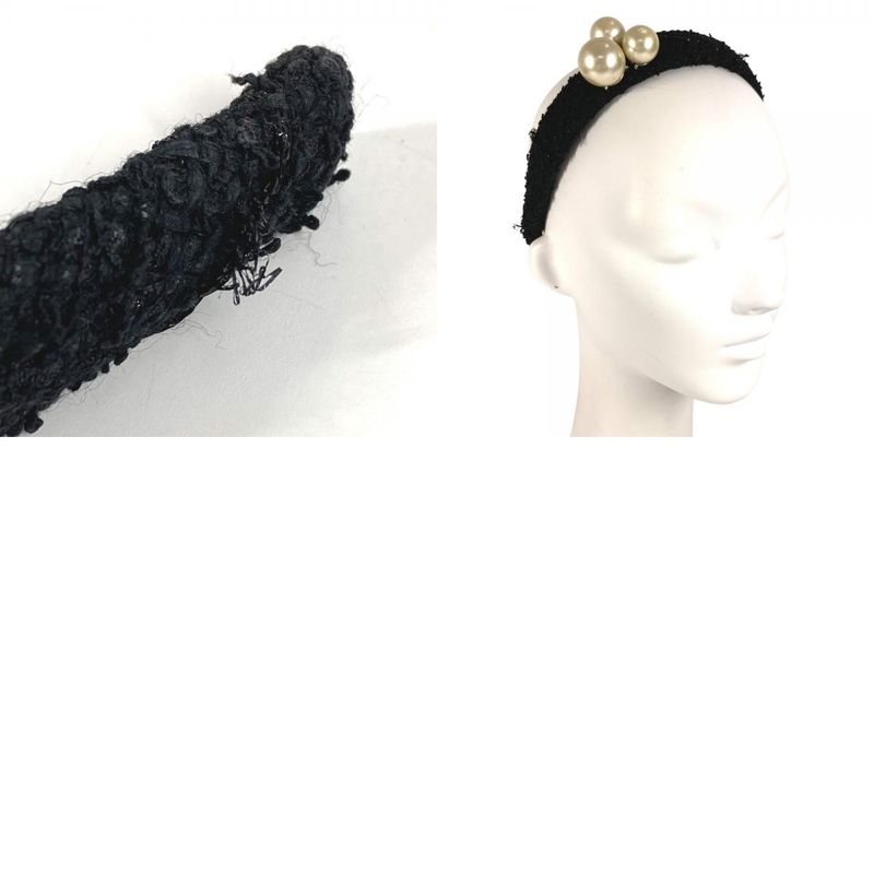 CHANEL Headband CC Logo Coco Mark Fake Pearl Tweed Canvas Black