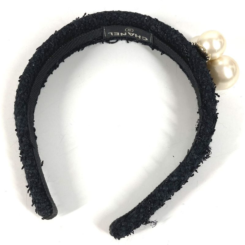 CHANEL Headband CC Logo Coco Mark Fake Pearl Tweed Canvas Black