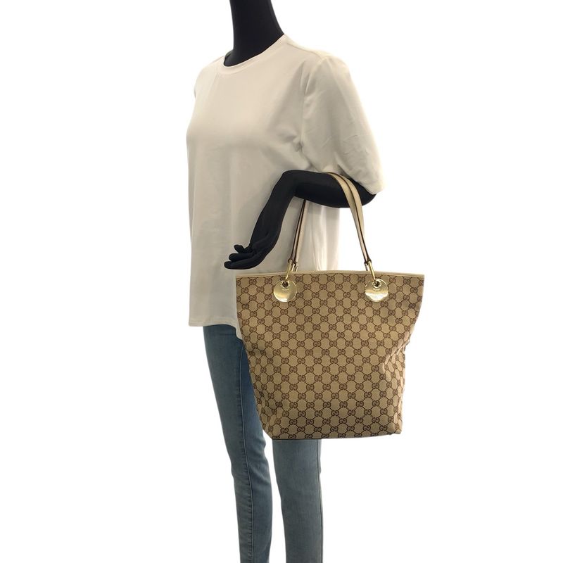 GUCCI Beige Brown Gold Hardware GG Canvas Leather 120836 Tote Bag Shoulder Bag