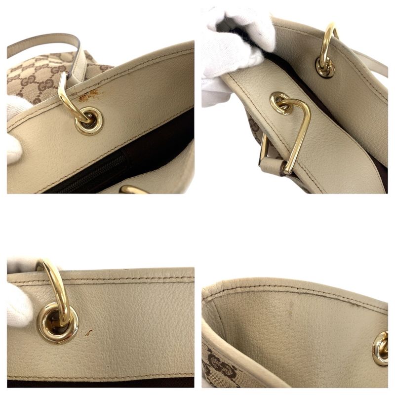 GUCCI Beige Brown Gold Hardware GG Canvas Leather 120836 Tote Bag Shoulder Bag