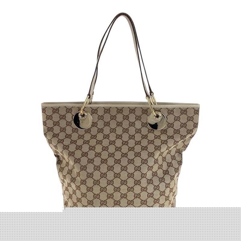GUCCI Beige Brown Gold Hardware GG Canvas Leather 120836 Tote Bag Shoulder Bag